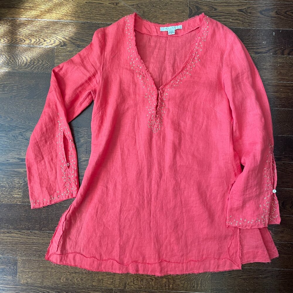 Nougat London Coral 100% Linen Tunic with Gold Stitching-Medium/Large